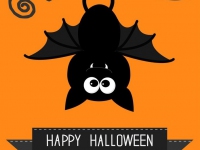 Cute bat and black ribbon. Happy Halloween card.