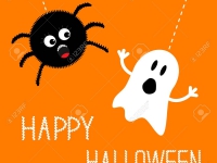 Hanging spider and ghost. Happy Halloween card. Flat design